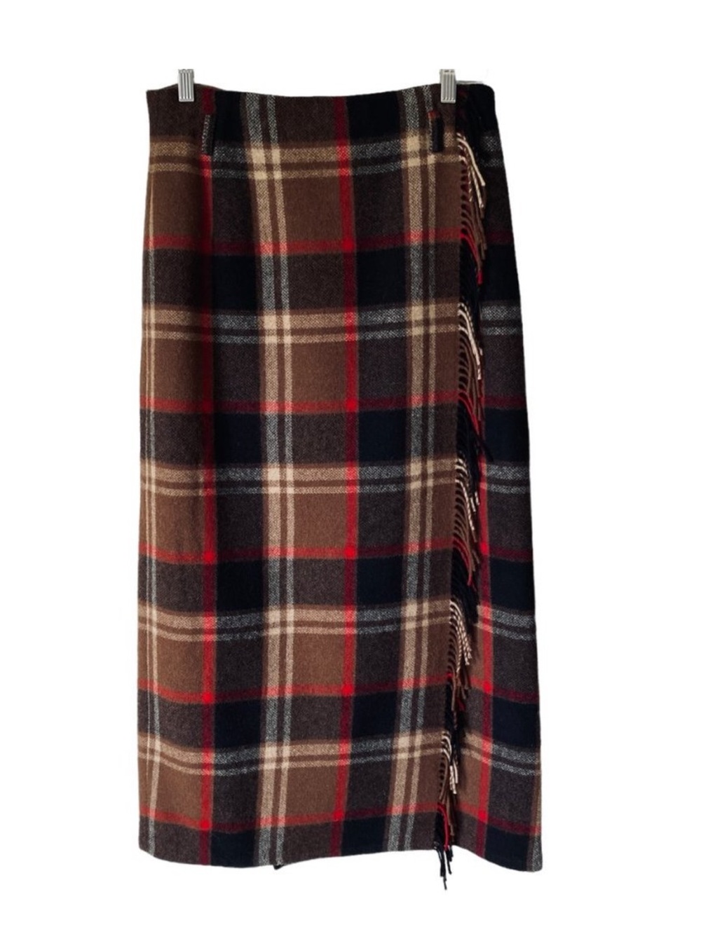 Vintage Eddie Bauer 90's Blanket Wrap Wool Blend Plaid Maxi Skirt Fringe Size Md